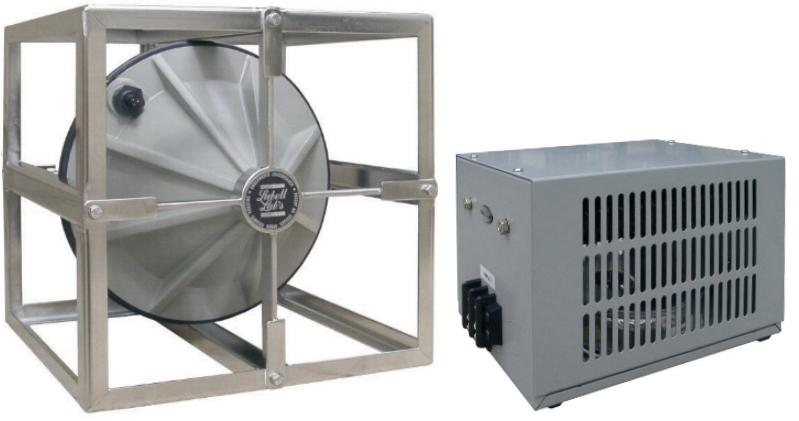Lubell LL1424HP transducer in a stainless cage beside its AC1424HP transformer box