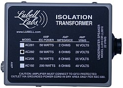 Lubell isolation transformer box with model and amplifier rating table